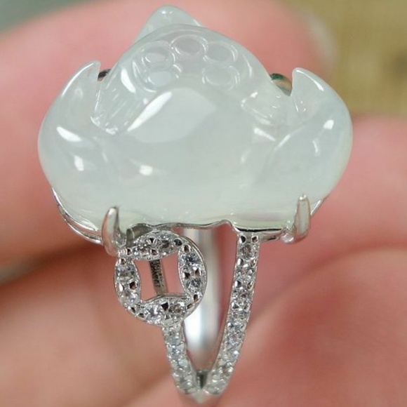 Certified Icy White Natural A jadeite jade Lotus Ring 925 Silver戒指（Free Size） - Picture 7 of 11